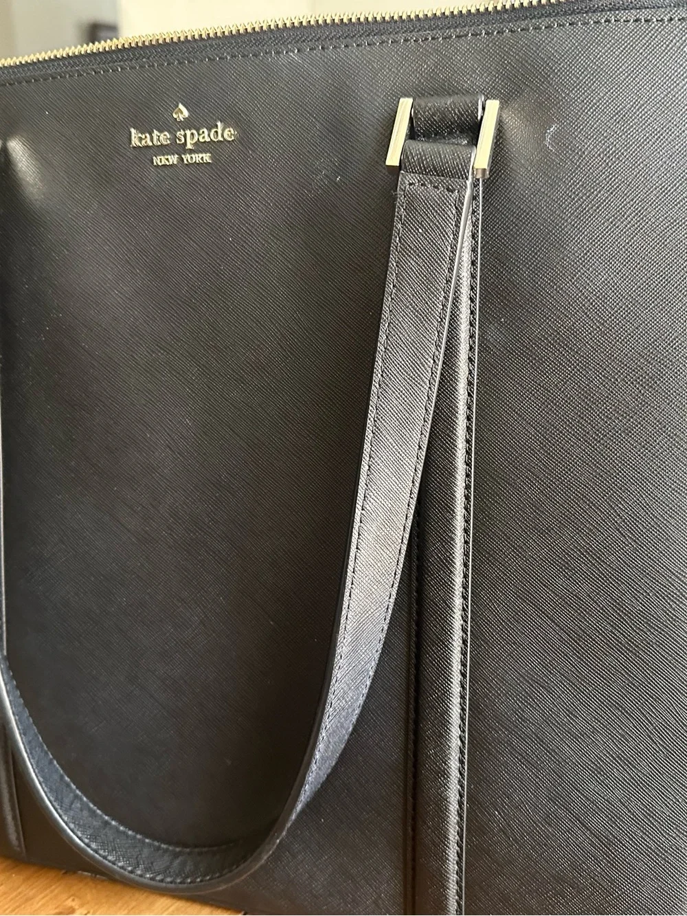 kate spade Black Leather Messenger Bag with Gold Hardware